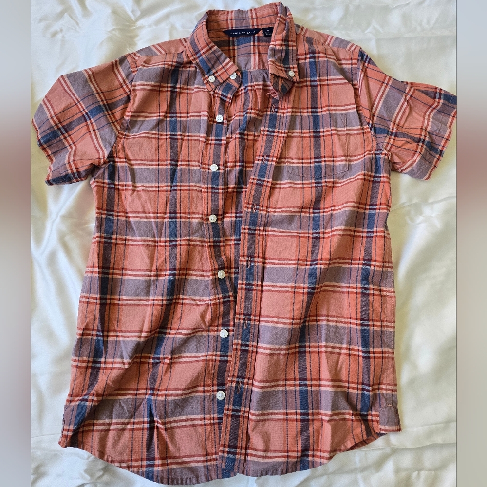 Janie and Jack Coral and Navy Plaid Short-Sleeve Button-Down Shirt